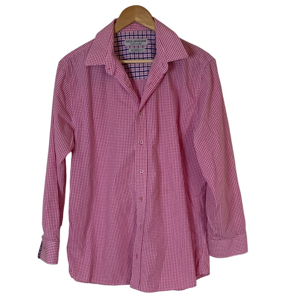 Nick Graham Everywhere Mens Pink White Gingham Check Button Down Shirt‎ Size L